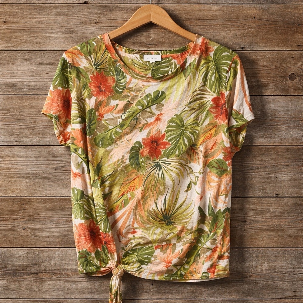 Tropical Print Linen Top - L